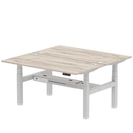 Air 2 Person Sit-Standing Bench Desk, Back to Back, 2 x 1600mm (800mm Deep), Silver Frame, Grey Oak Easy2Order : HA02300