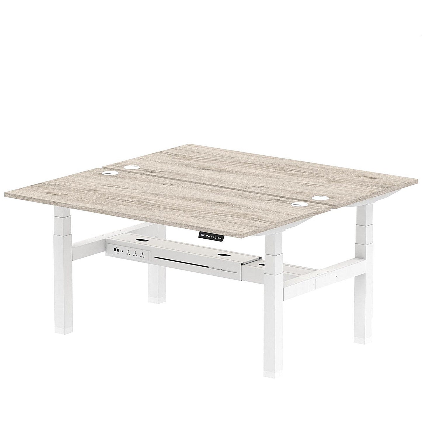 Air 2 Person Sit-Standing Bench Desk, Back to Back, 2 x 1600mm (800mm Deep), White Frame, Grey Oak Easy2Order : HA02302