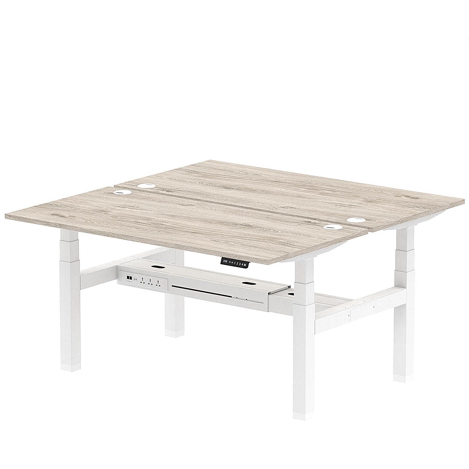 Air 2 Person Sit-Standing Bench Desk, Back to Back, 2 x 1600mm (800mm Deep), White Frame, Grey Oak Easy2Order : HA02302