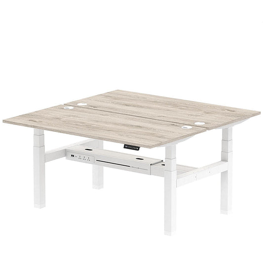 Air 2 Person Sit-Standing Bench Desk, Back to Back, 2 x 1600mm (800mm Deep), White Frame, Grey Oak Easy2Order : HA02302