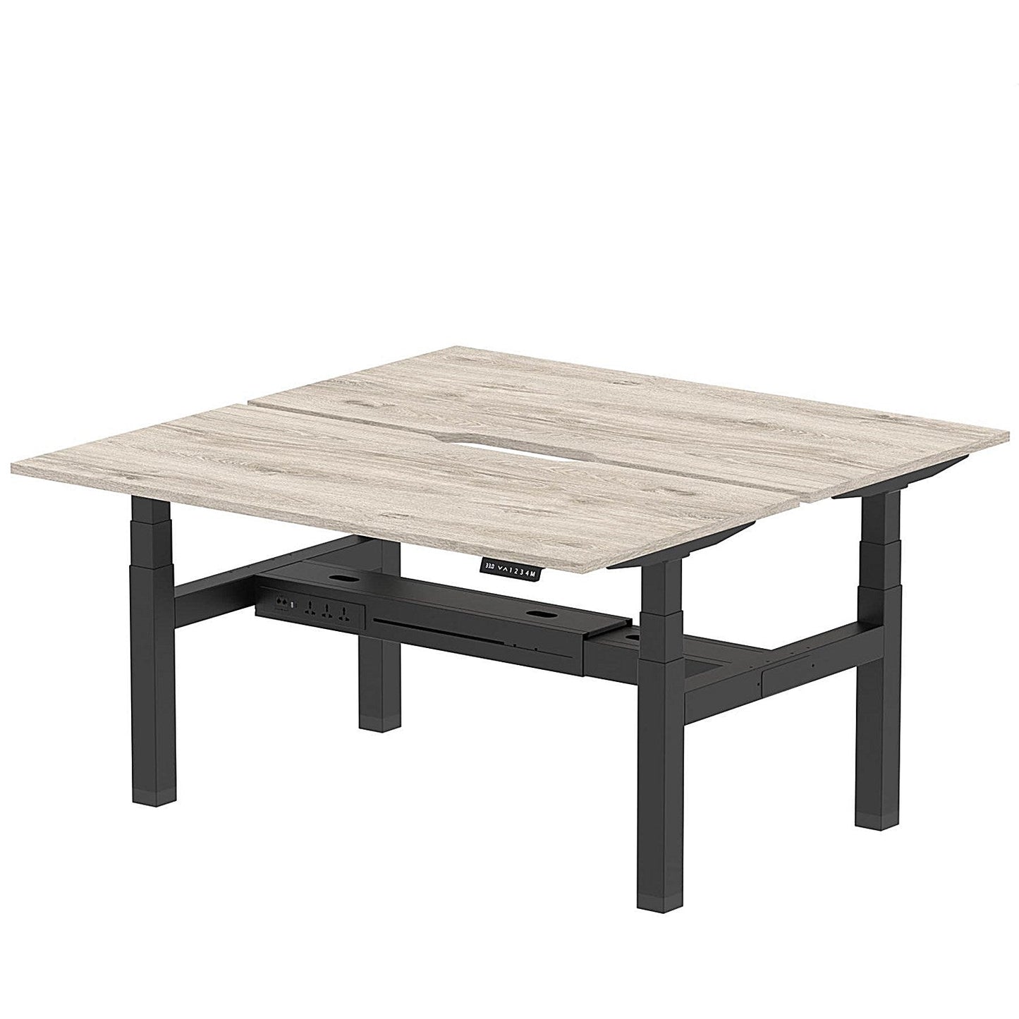 Air 2 Person Sit-Standing Scalloped Bench Desk, Back to Back, 2 x 1600mm (800mm Deep), Black Frame, Grey Oak Easy2Order : HA02304