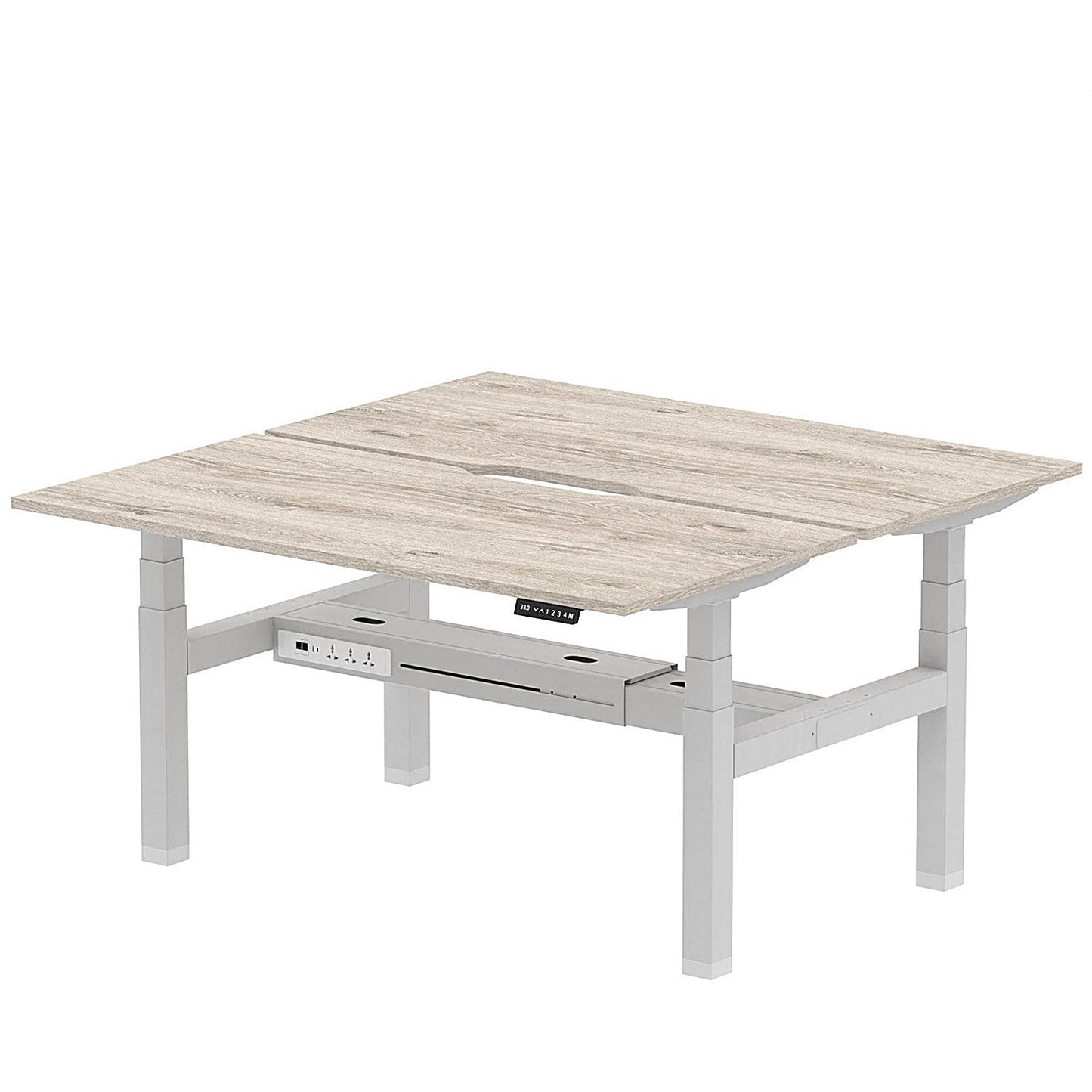 Air 2 Person Sit-Standing Scalloped Bench Desk, Back to Back, 2 x 1600mm (800mm Deep), Silver Frame, Grey Oak Easy2Order : HA02306