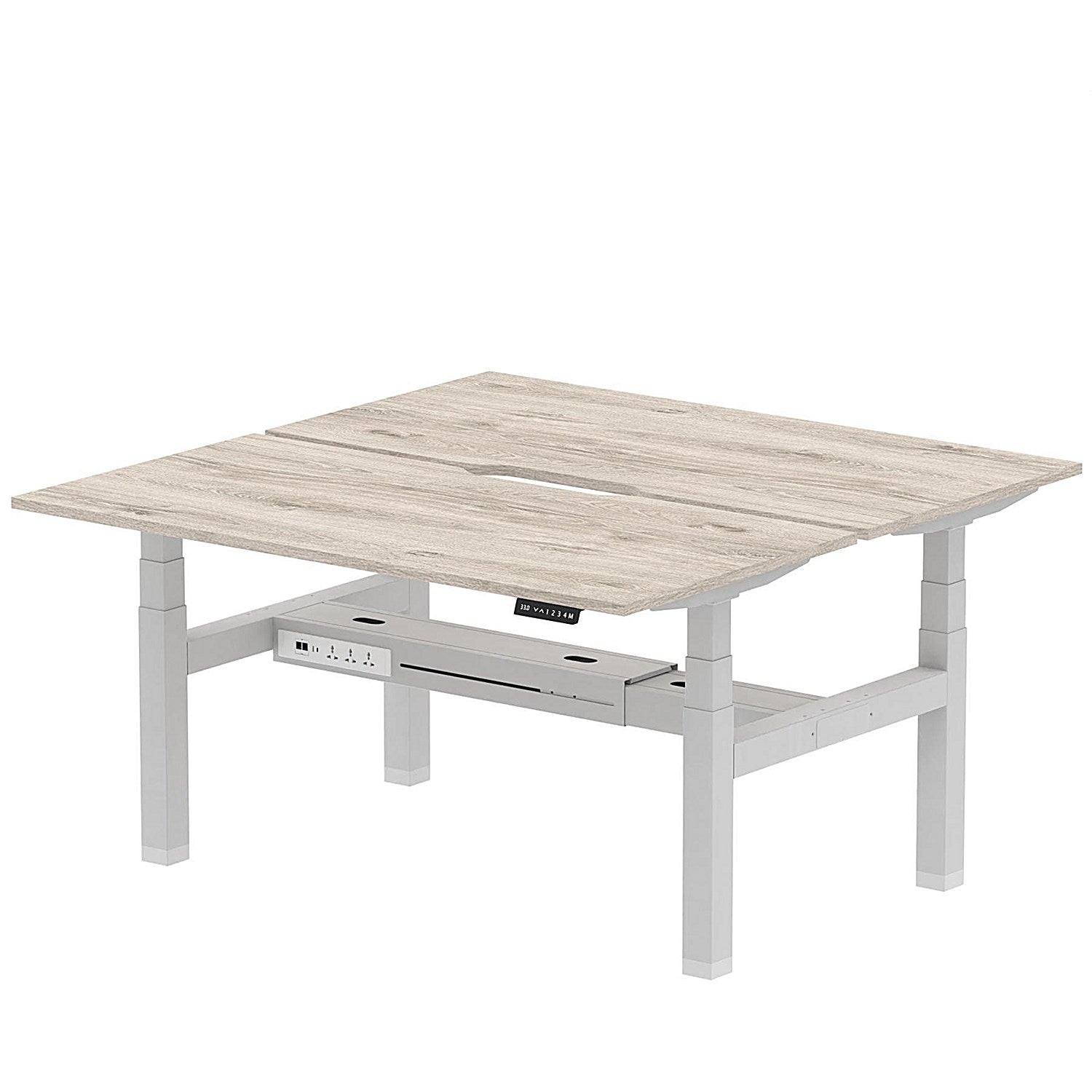 Air 2 Person Sit-Standing Scalloped Bench Desk, Back to Back, 2 x 1600mm (800mm Deep), Silver Frame, Grey Oak Easy2Order : HA02306