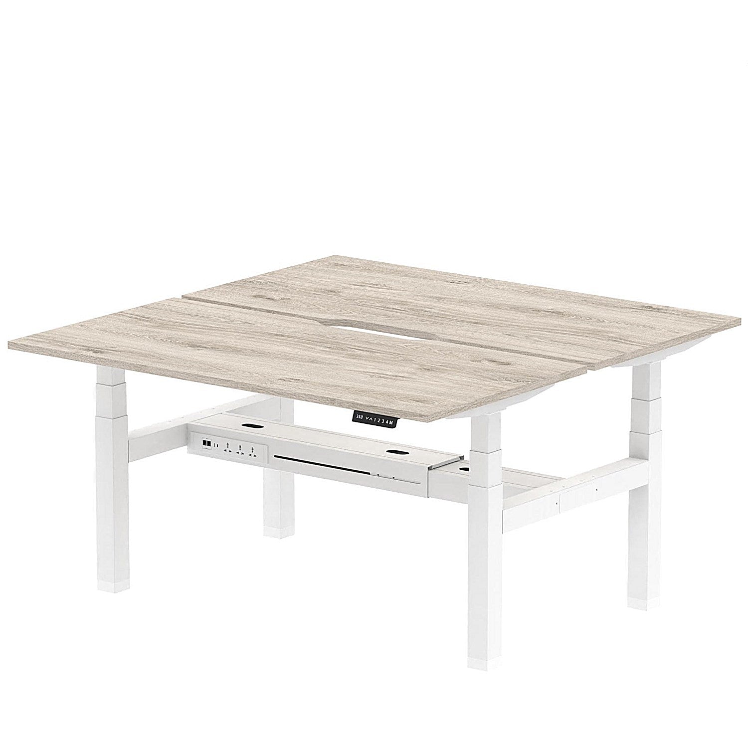 Air 2 Person Sit-Standing Scalloped Bench Desk, Back to Back, 2 x 1600mm (800mm Deep), White Frame, Grey Oak Easy2Order : HA02308
