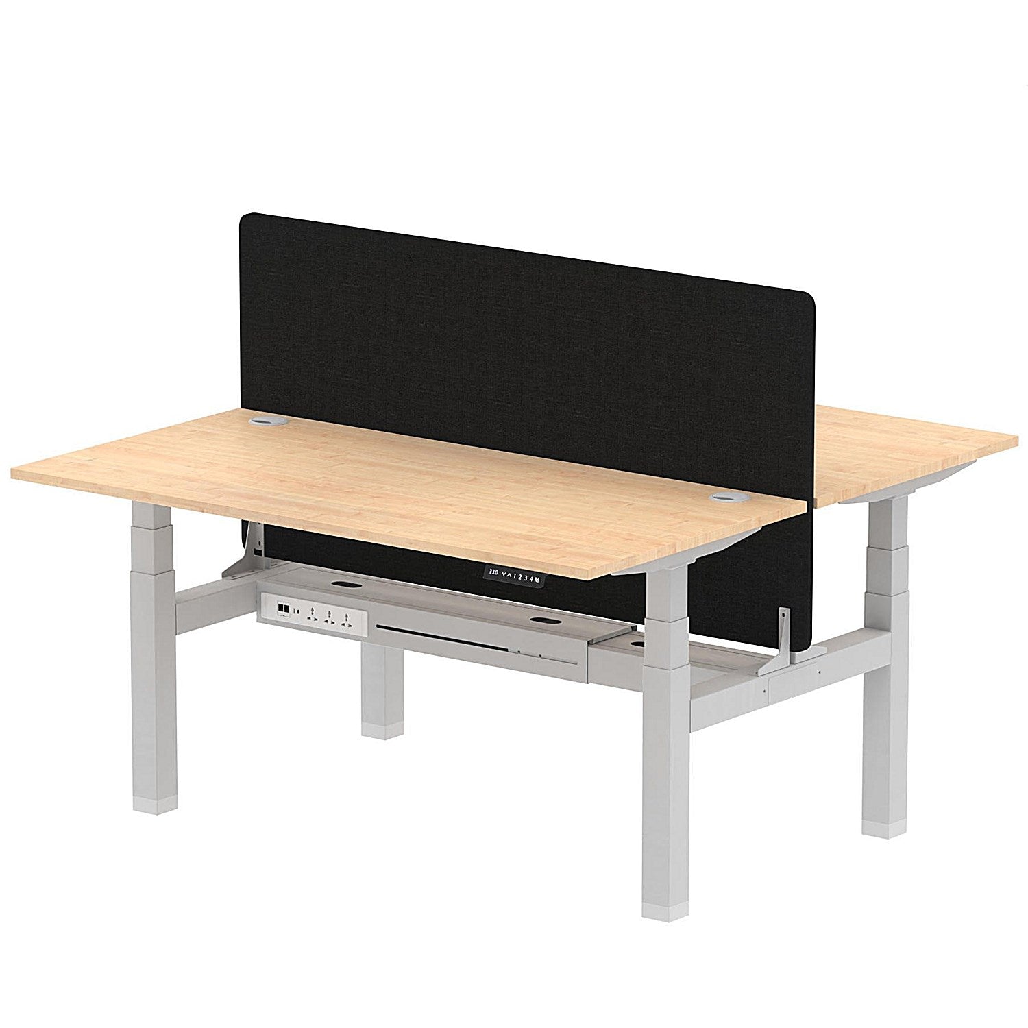 Air 2 Person Sit-Standing Bench Desk with Black Straight Screen, Back to Back, 2 x 1600mm (800mm Deep), Silver Frame, Maple Easy2Order : HA02313