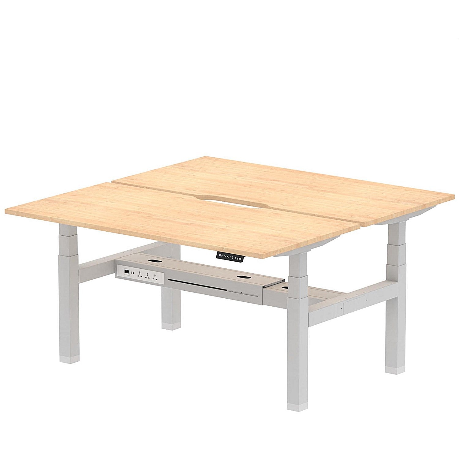 Air 2 Person Sit-Standing Scalloped Bench Desk, Back to Back, 2 x 1600mm (800mm Deep), Silver Frame, Maple Easy2Order : HA02318