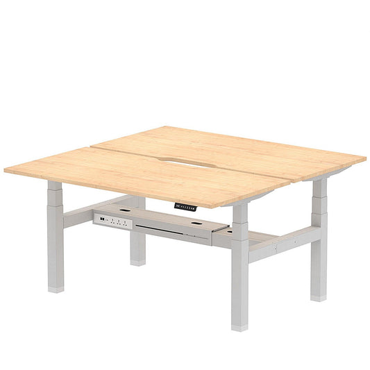 Air 2 Person Sit-Standing Scalloped Bench Desk, Back to Back, 2 x 1600mm (800mm Deep), Silver Frame, Maple Easy2Order : HA02318