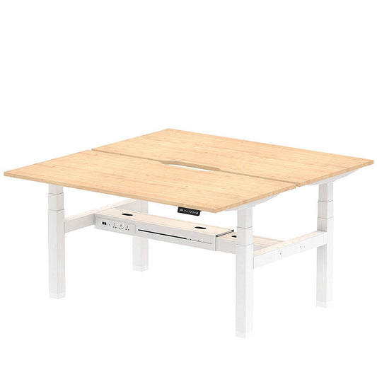 Air 2 Person Sit-Standing Scalloped Bench Desk, Back to Back, 2 x 1600mm (800mm Deep), White Frame, Maple Easy2Order : HA02320