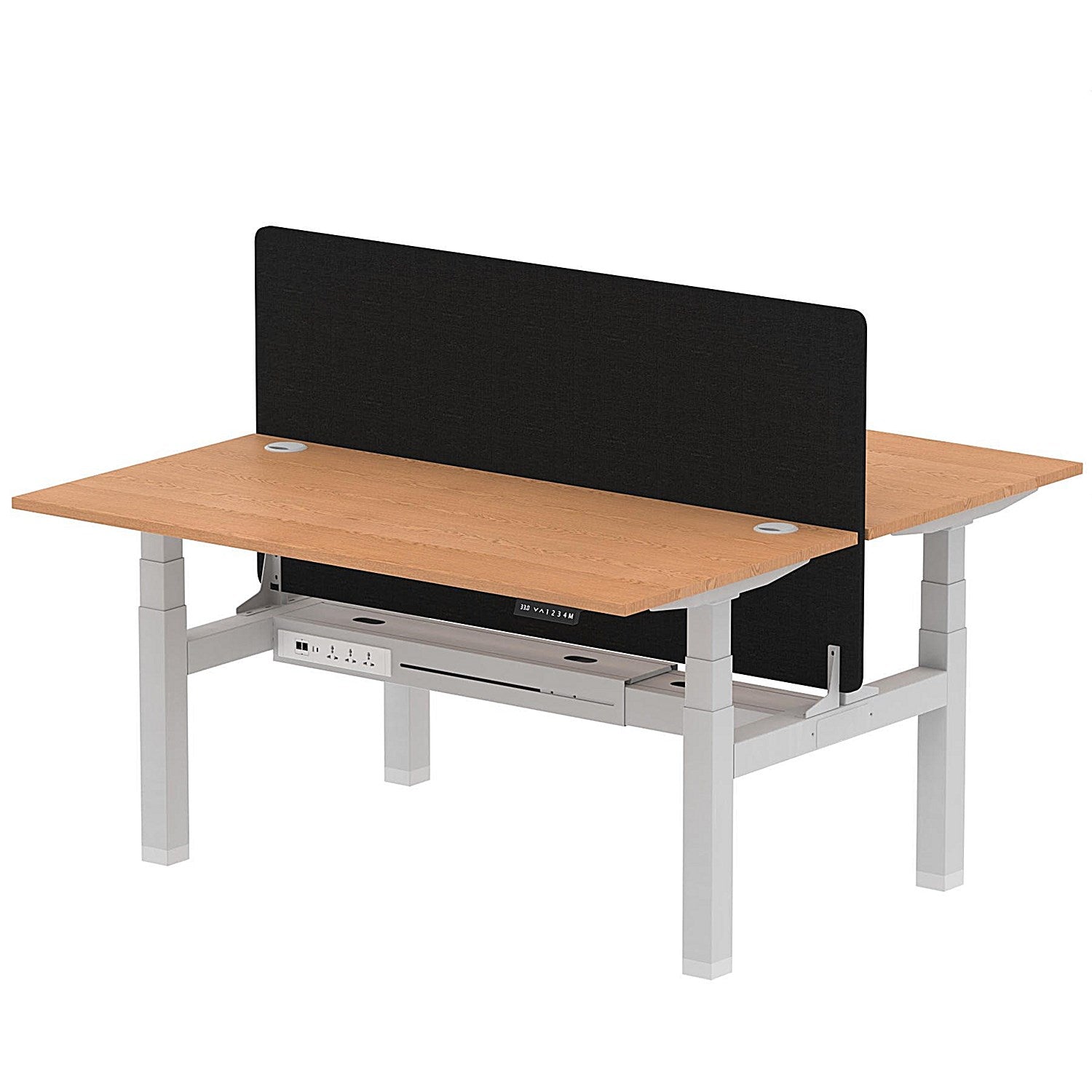 Air 2 Person Sit-Standing Bench Desk with Black Straight Screen, Back to Back, 2 x 1600mm (800mm Deep), Silver Frame, Oak Easy2Order : HA02325