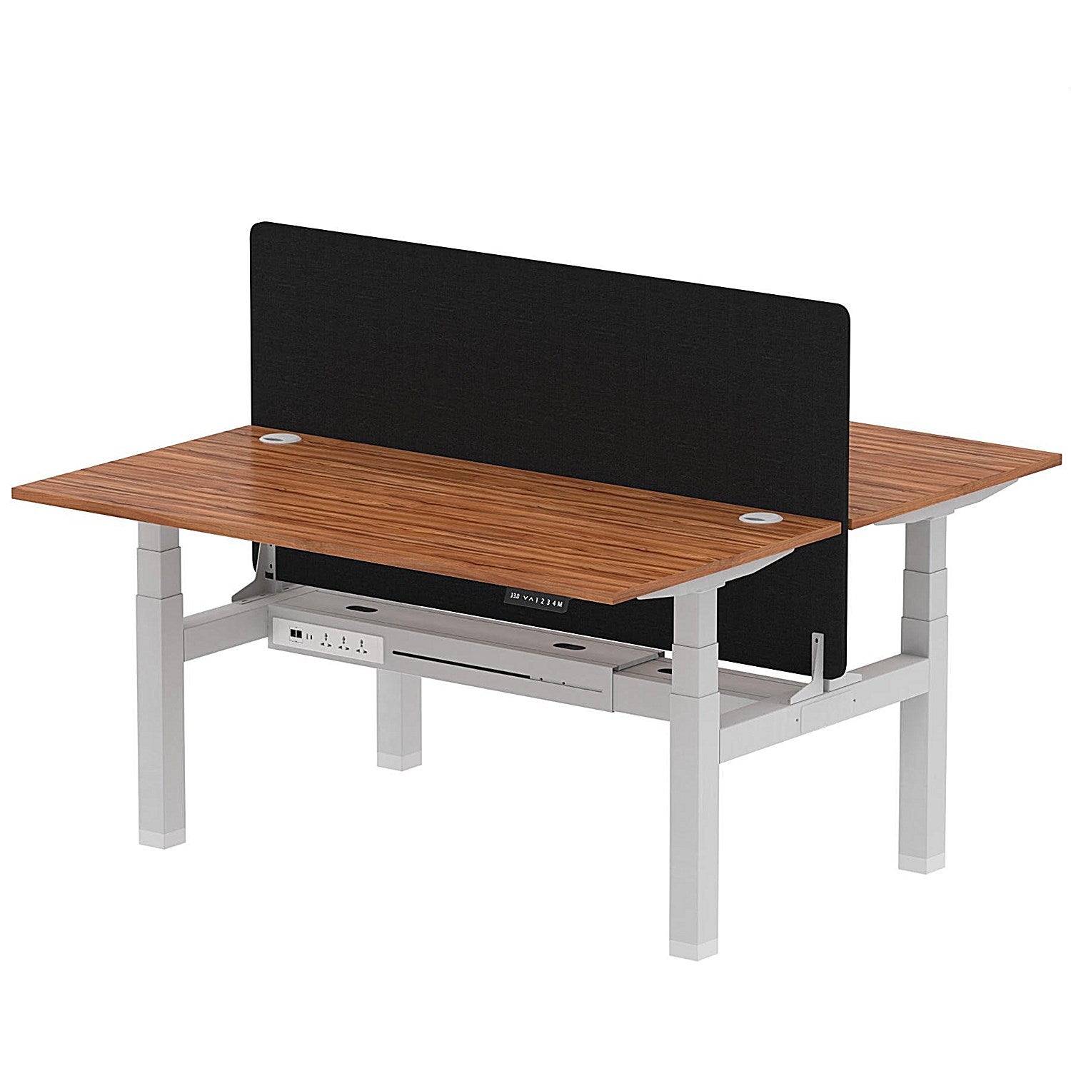 Air 2 Person Sit-Standing Bench Desk with Black Straight Screen, Back to Back, 2 x 1600mm (800mm Deep), Silver Frame, Walnut Easy2Order : HA02337