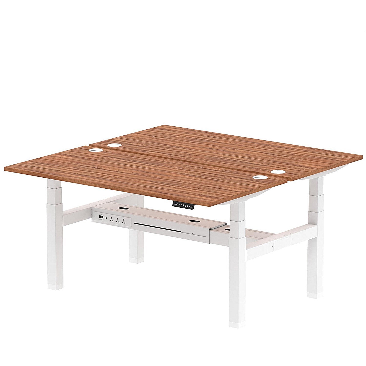 Air 2 Person Sit-Standing Bench Desk, Back to Back, 2 x 1600mm (800mm Deep), White Frame, Walnut Easy2Order : HA02338