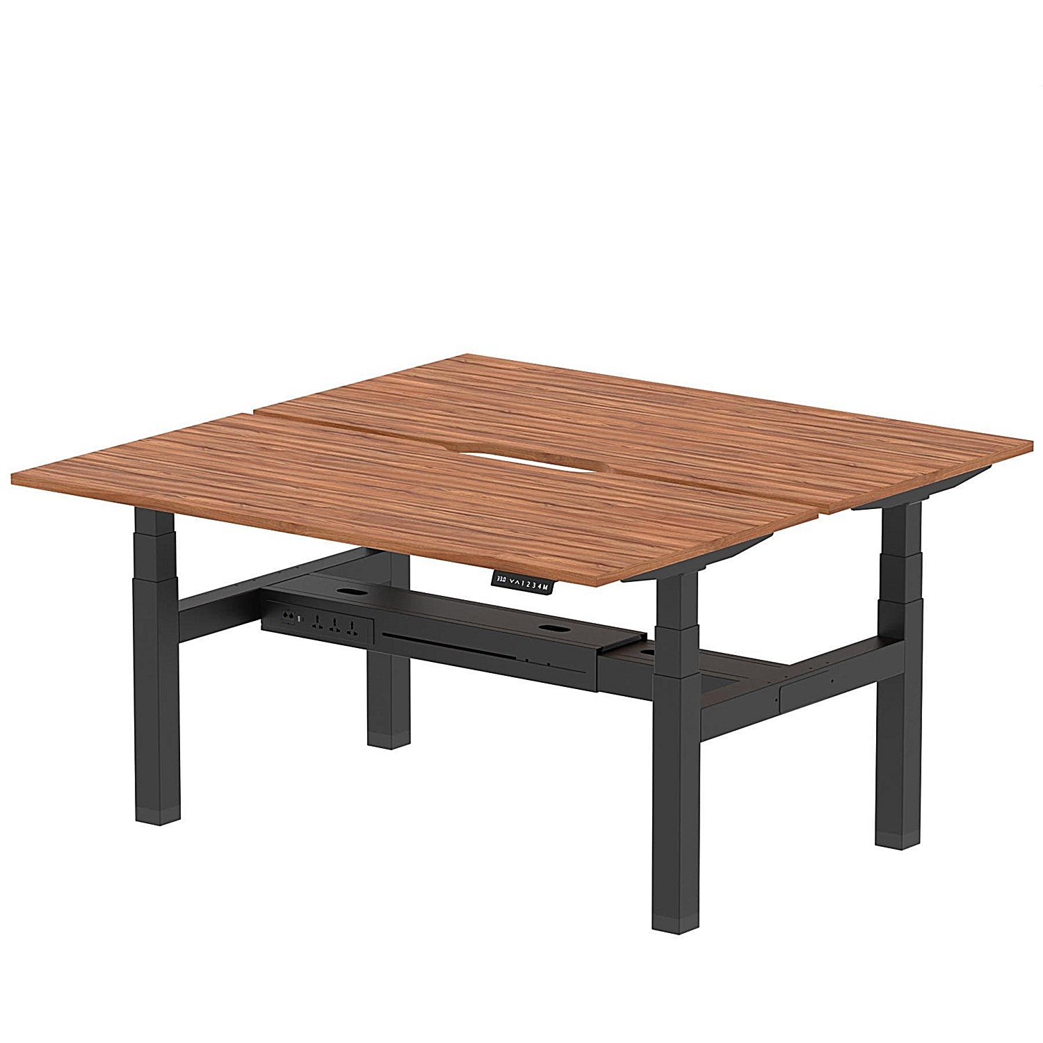 Air 2 Person Sit-Standing Scalloped Bench Desk, Back to Back, 2 x 1600mm (800mm Deep), Black Frame, Walnut Easy2Order : HA02340