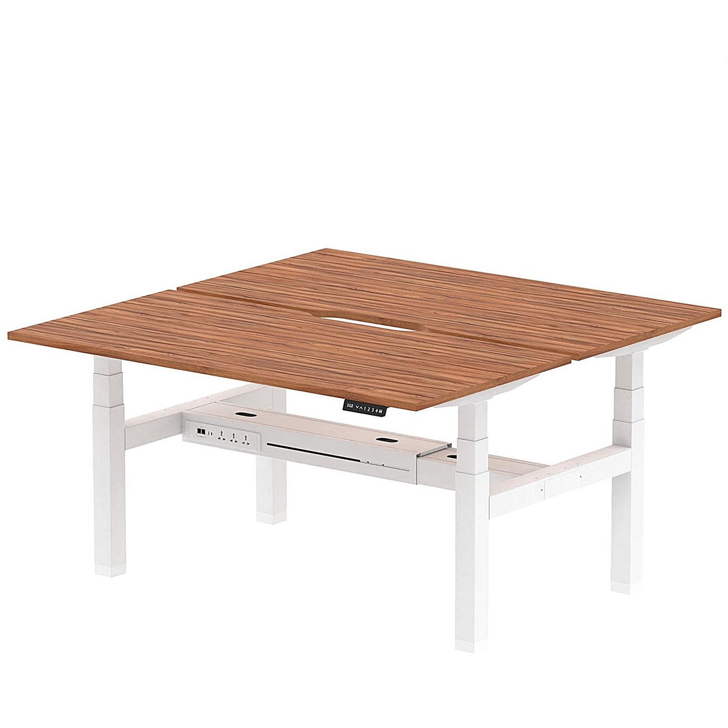 Air 2 Person Sit-Standing Scalloped Bench Desk, Back to Back, 2 x 1600mm (800mm Deep), White Frame, Walnut Easy2Order : HA02344