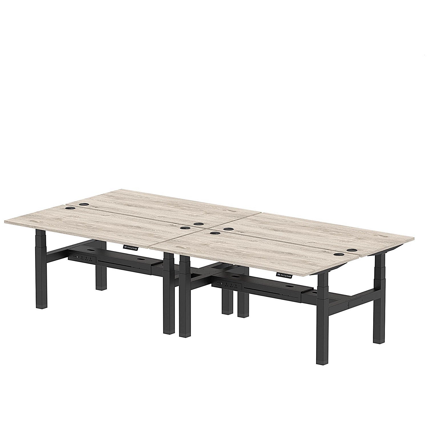 Air 4 Person Sit-Standing Bench Desk, Back to Back, 4 x 1600mm (800mm Deep), Black Frame, Grey Oak Easy2Order : HA02370