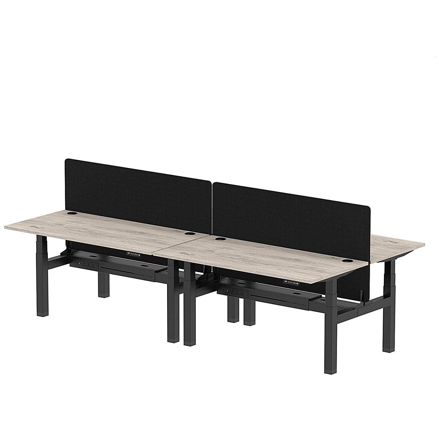 Air 4 Person Sit-Standing Bench Desk with Black Straight Screen, Back to Back, 4 x 1600mm (800mm Deep), Black Frame, Grey Oak Easy2Order : HA02371