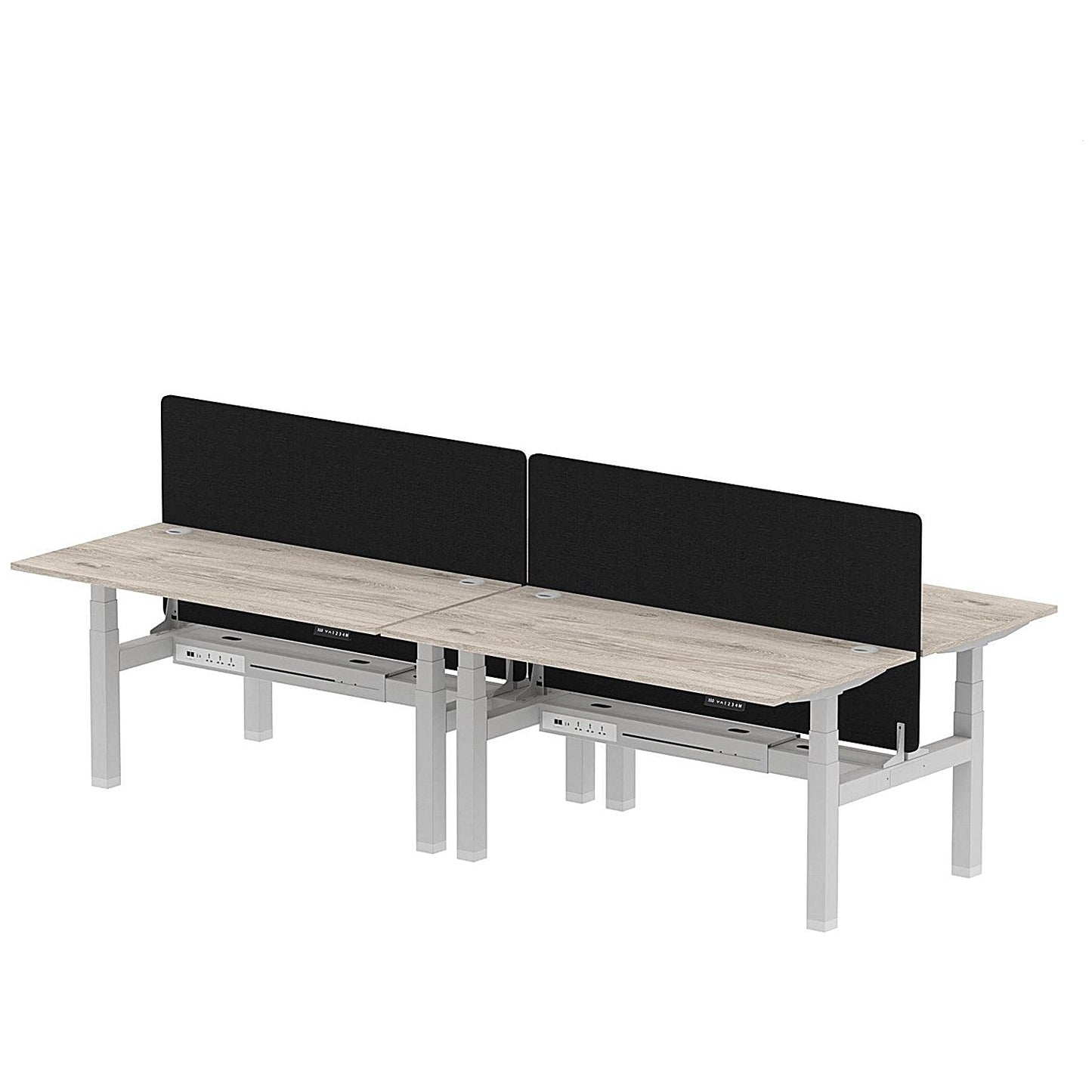 Air 4 Person Sit-Standing Bench Desk with Black Straight Screen, Back to Back, 4 x 1600mm (800mm Deep), Silver Frame, Grey Oak Easy2Order : HA02373