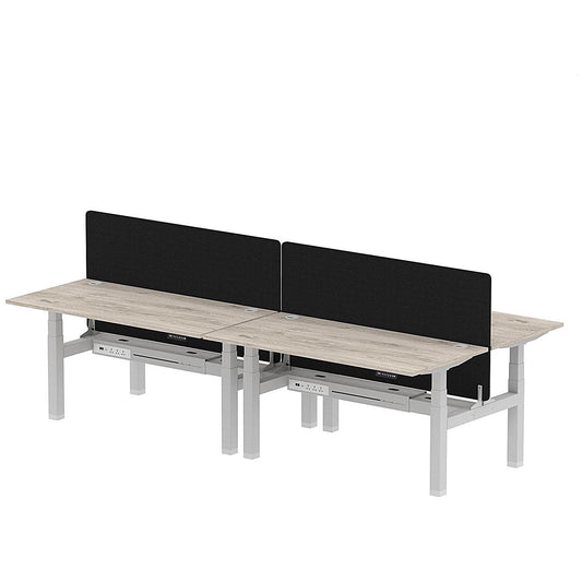 Air 4 Person Sit-Standing Bench Desk with Black Straight Screen, Back to Back, 4 x 1600mm (800mm Deep), Silver Frame, Grey Oak Easy2Order : HA02373