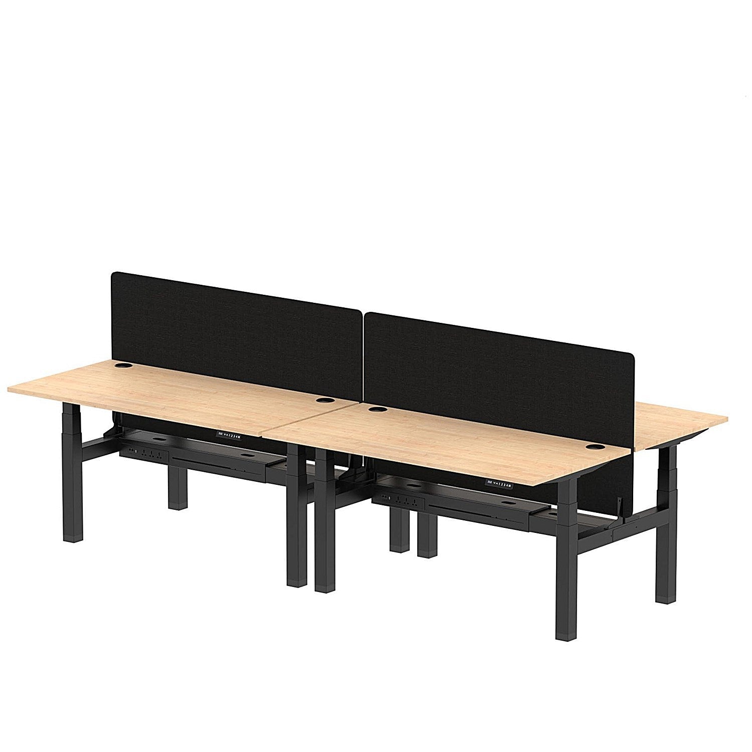 Air 4 Person Sit-Standing Bench Desk with Black Straight Screen, Back to Back, 4 x 1600mm (800mm Deep), Black Frame, Maple Easy2Order : HA02383
