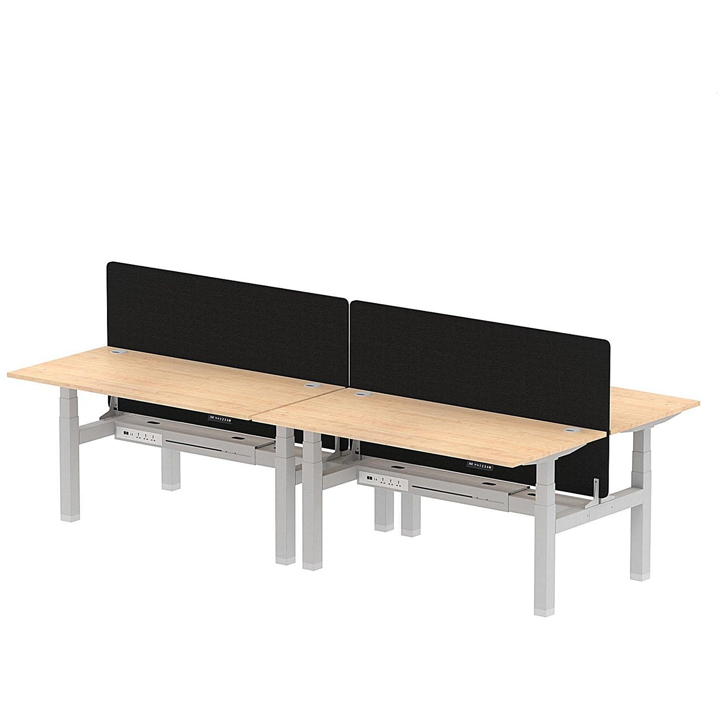 Air 4 Person Sit-Standing Bench Desk with Black Straight Screen, Back to Back, 4 x 1600mm (800mm Deep), Silver Frame, Maple Easy2Order : HA02385