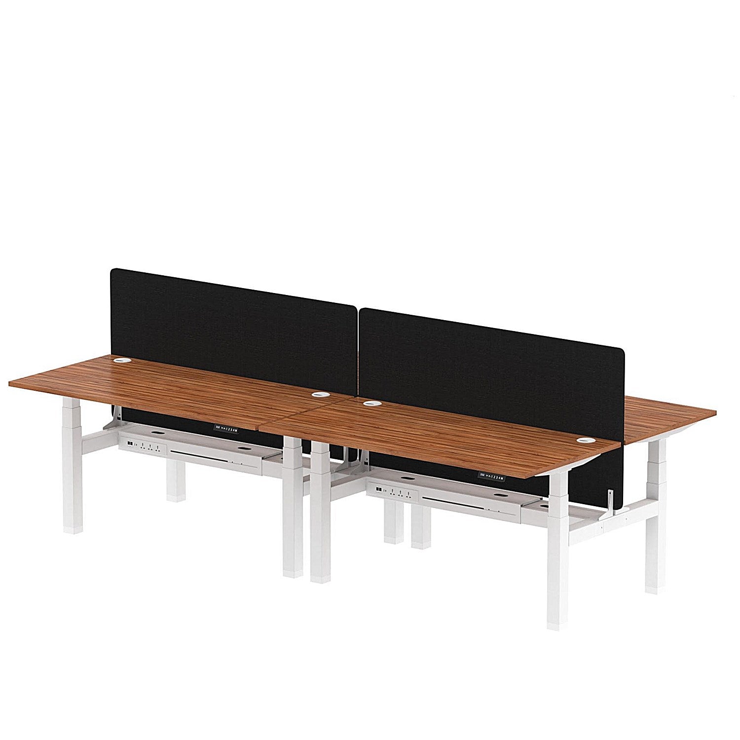 Air 4 Person Sit-Standing Bench Desk with Black Straight Screen, Back to Back, 4 x 1600mm (800mm Deep), White Frame, Walnut Easy2Order : HA02411