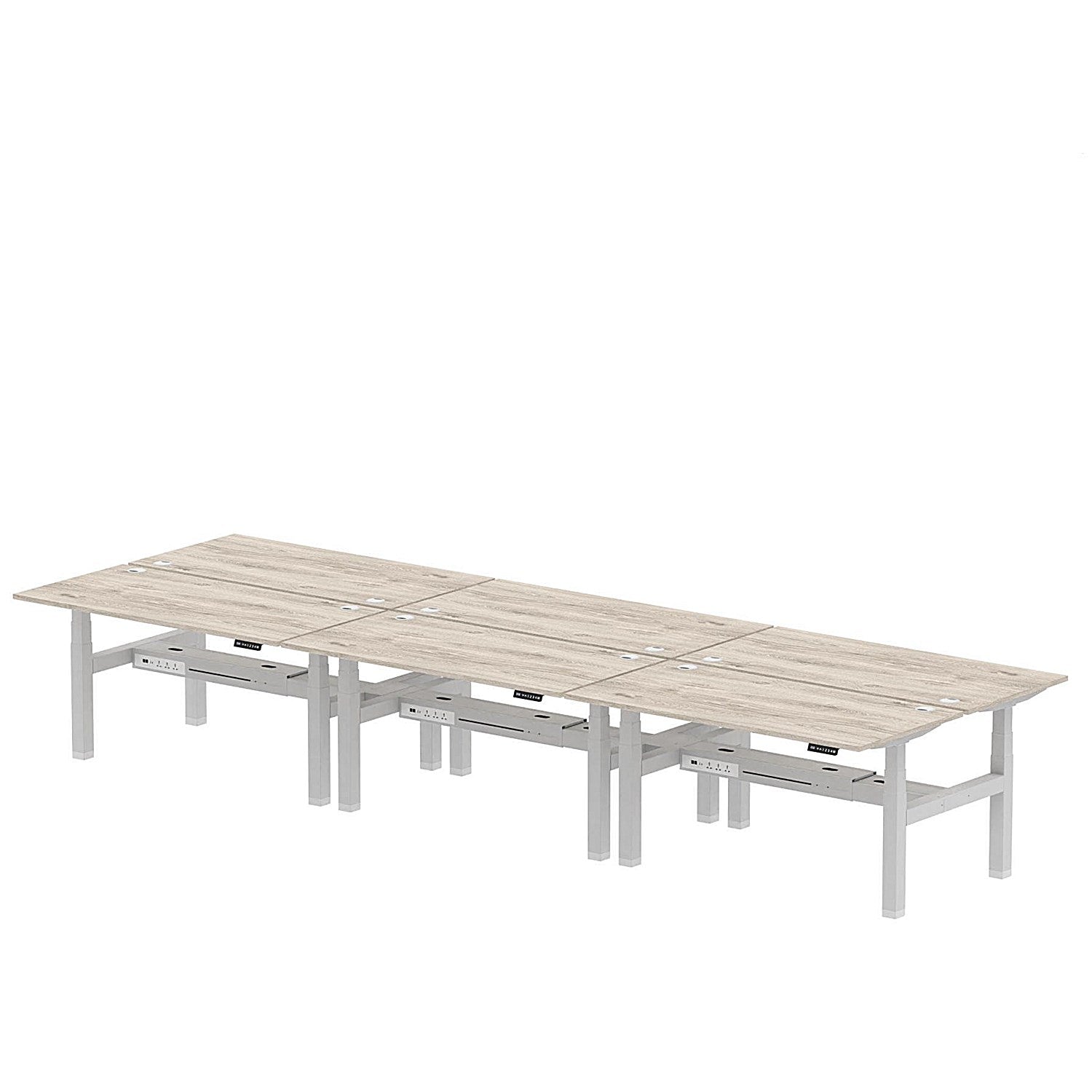 Air 6 Person Sit-Standing Bench Desk, Back to Back, 6 x 1600mm (800mm Deep), Silver Frame, Grey Oak Easy2Order : HA02444