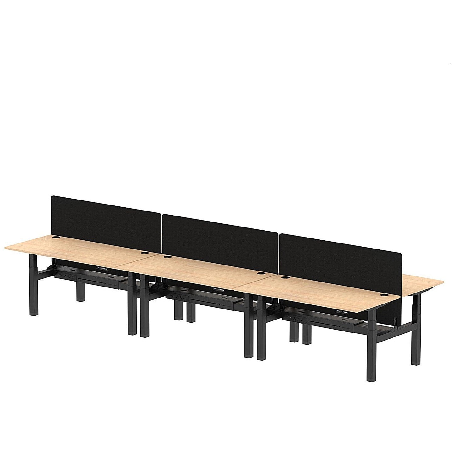 Air 6 Person Sit-Standing Bench Desk with Black Straight Screen, Back to Back, 6 x 1600mm (800mm Deep), Black Frame, Maple Easy2Order : HA02455