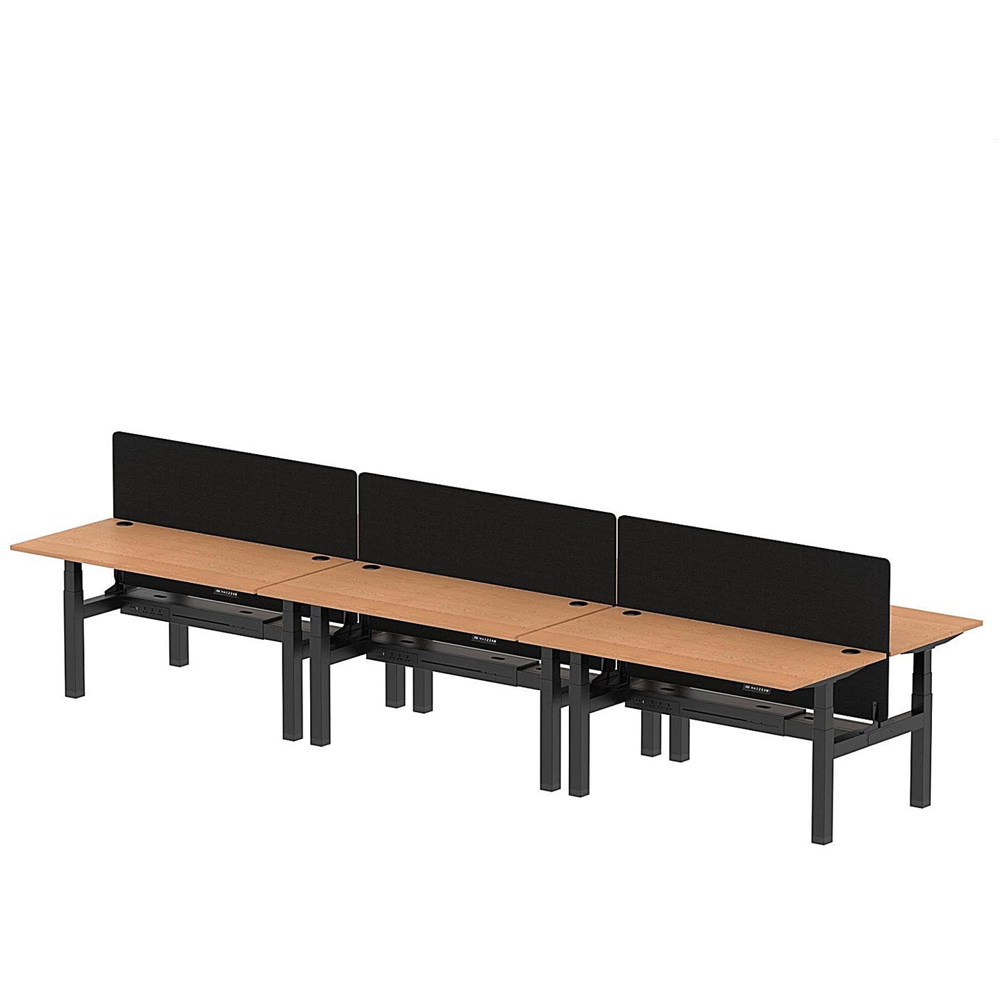 Air 6 Person Sit-Standing Bench Desk with Black Straight Screen, Back to Back, 6 x 1600mm (800mm Deep), Black Frame, Oak Easy2Order : HA02467
