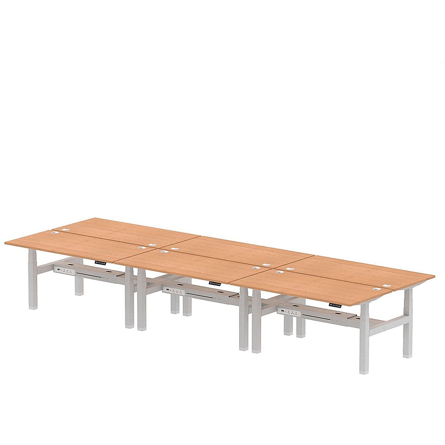 Air 6 Person Sit-Standing Bench Desk, Back to Back, 6 x 1600mm (800mm Deep), Silver Frame, Oak Easy2Order : HA02468