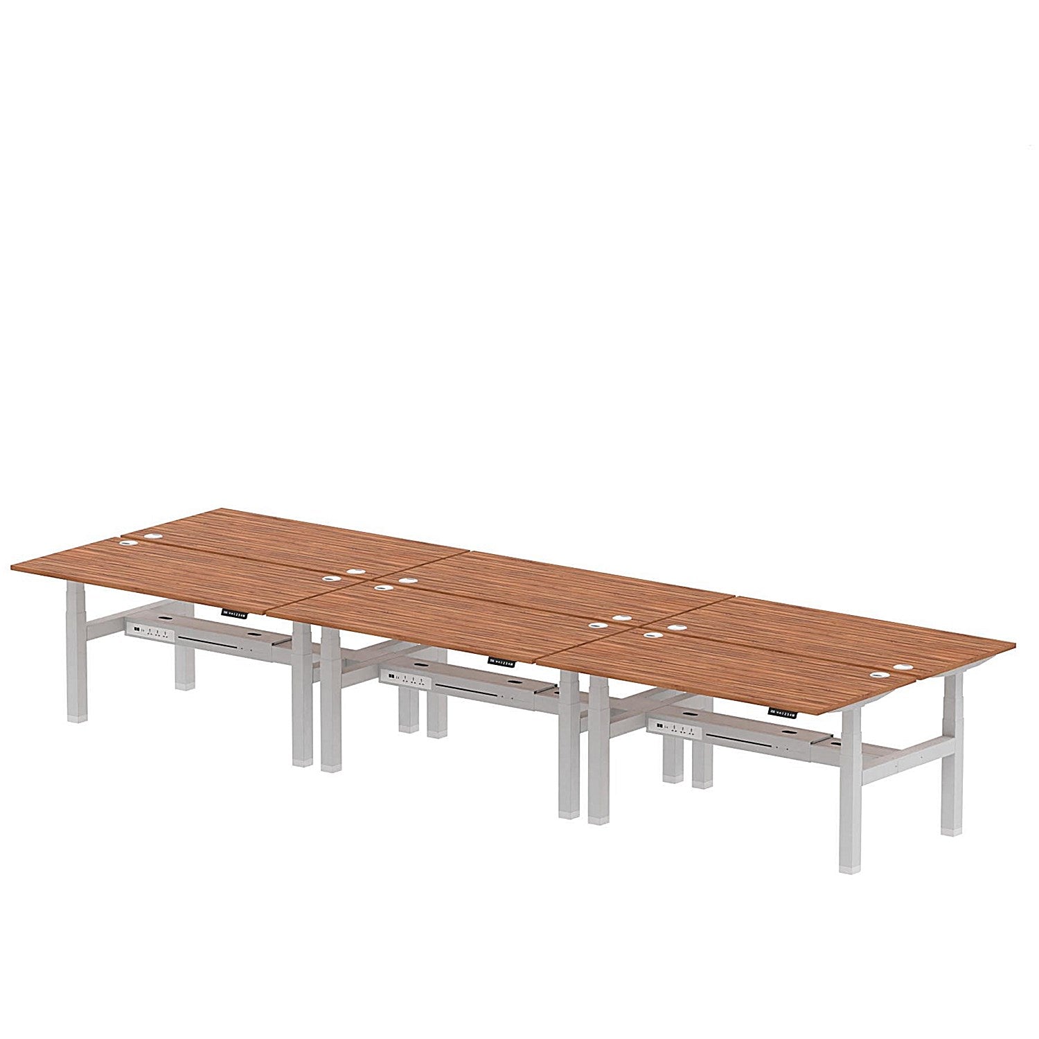 Air 6 Person Sit-Standing Bench Desk, Back to Back, 6 x 1600mm (800mm Deep), Silver Frame, Walnut Easy2Order : HA02480