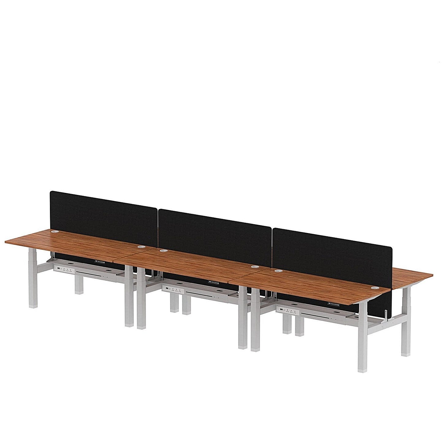 Air 6 Person Sit-Standing Bench Desk with Black Straight Screen, Back to Back, 6 x 1600mm (800mm Deep), Silver Frame, Walnut Easy2Order : HA02481