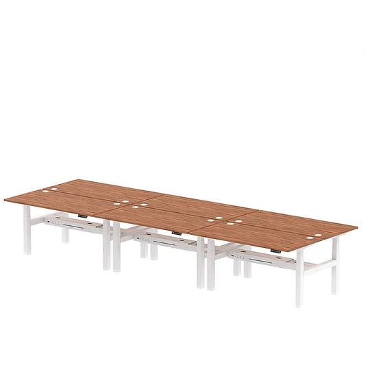 Air 6 Person Sit-Standing Bench Desk, Back to Back, 6 x 1600mm (800mm Deep), White Frame, Walnut Easy2Order : HA02482