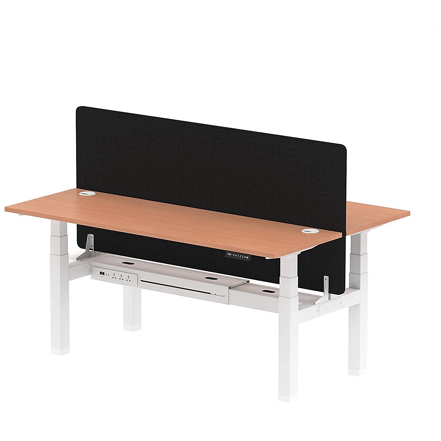 Air 2 Person Sit-Standing Bench Desk with Black Straight Screen, Back to Back, 2 x 1800mm (600mm Deep), White Frame, Beech Easy2Order : HA02507