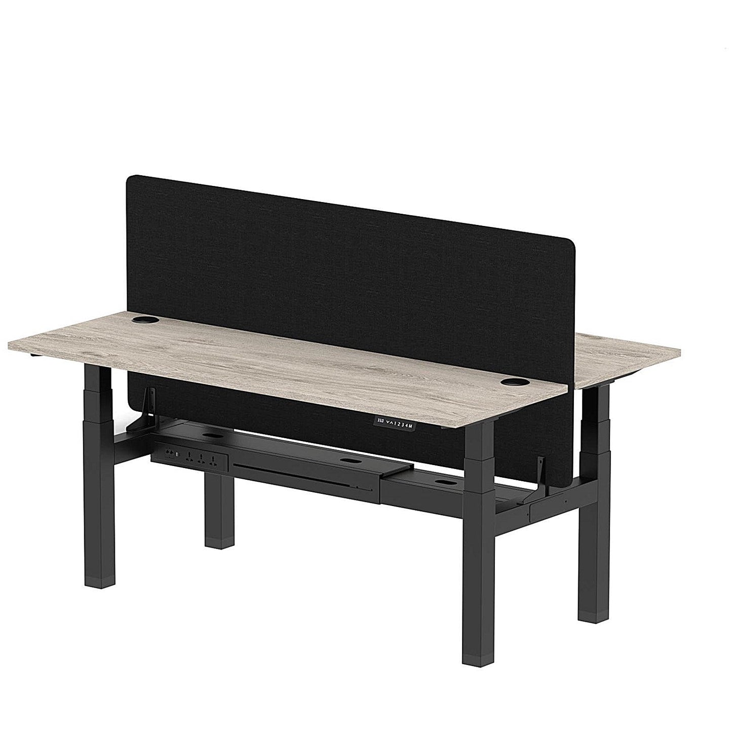 Air 2 Person Sit-Standing Bench Desk with Black Straight Screen, Back to Back, 2 x 1800mm (600mm Deep), Black Frame, Grey Oak Easy2Order : HA02509