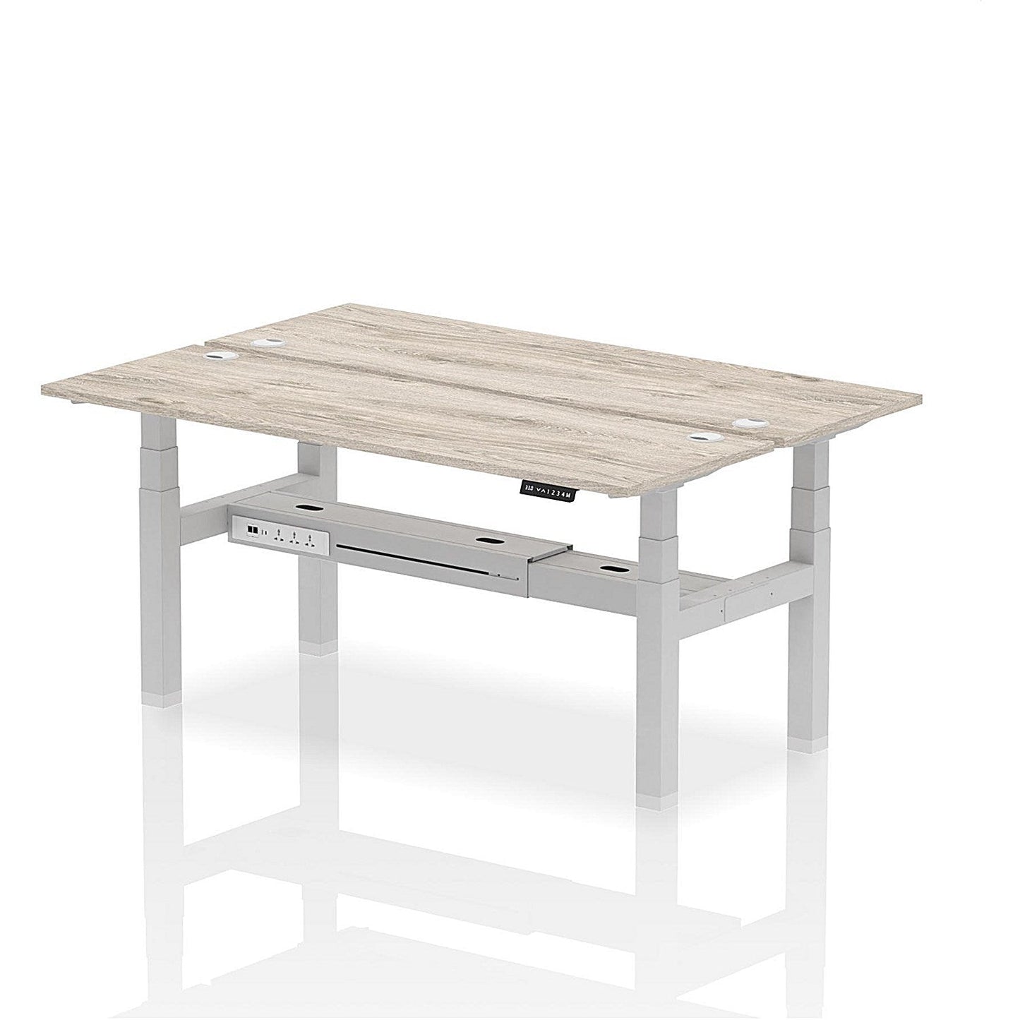Air 2 Person Sit-Standing Bench Desk, Back to Back, 2 x 1800mm (600mm Deep), Silver Frame, Grey Oak Easy2Order : HA02510