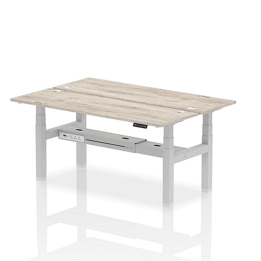 Air 2 Person Sit-Standing Bench Desk, Back to Back, 2 x 1800mm (600mm Deep), Silver Frame, Grey Oak Easy2Order : HA02510