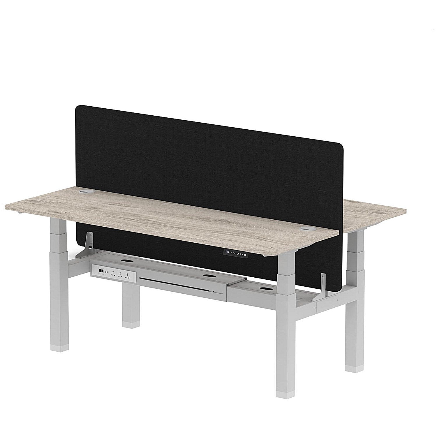 Air 2 Person Sit-Standing Bench Desk with Black Straight Screen, Back to Back, 2 x 1800mm (600mm Deep), Silver Frame, Grey Oak Easy2Order : HA02511