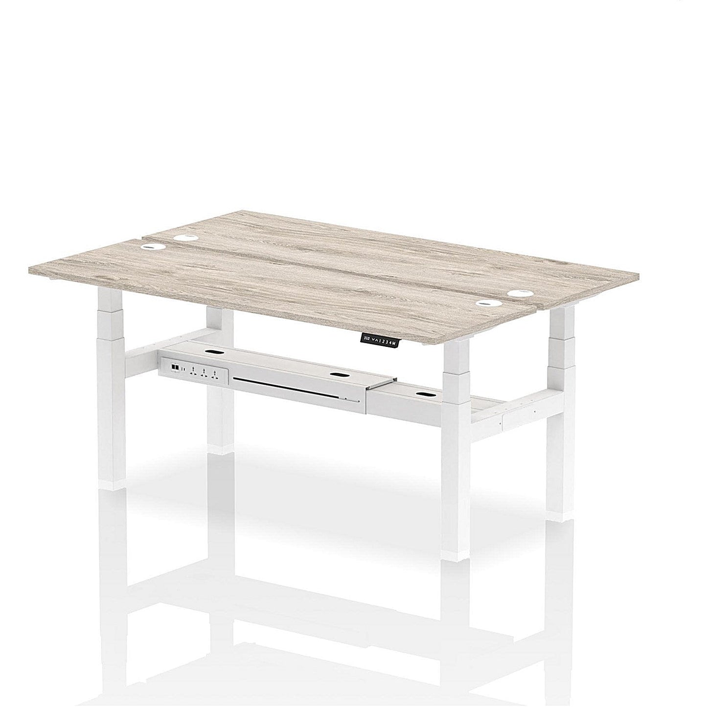 Air 2 Person Sit-Standing Bench Desk, Back to Back, 2 x 1800mm (600mm Deep), White Frame, Grey Oak Easy2Order : HA02512