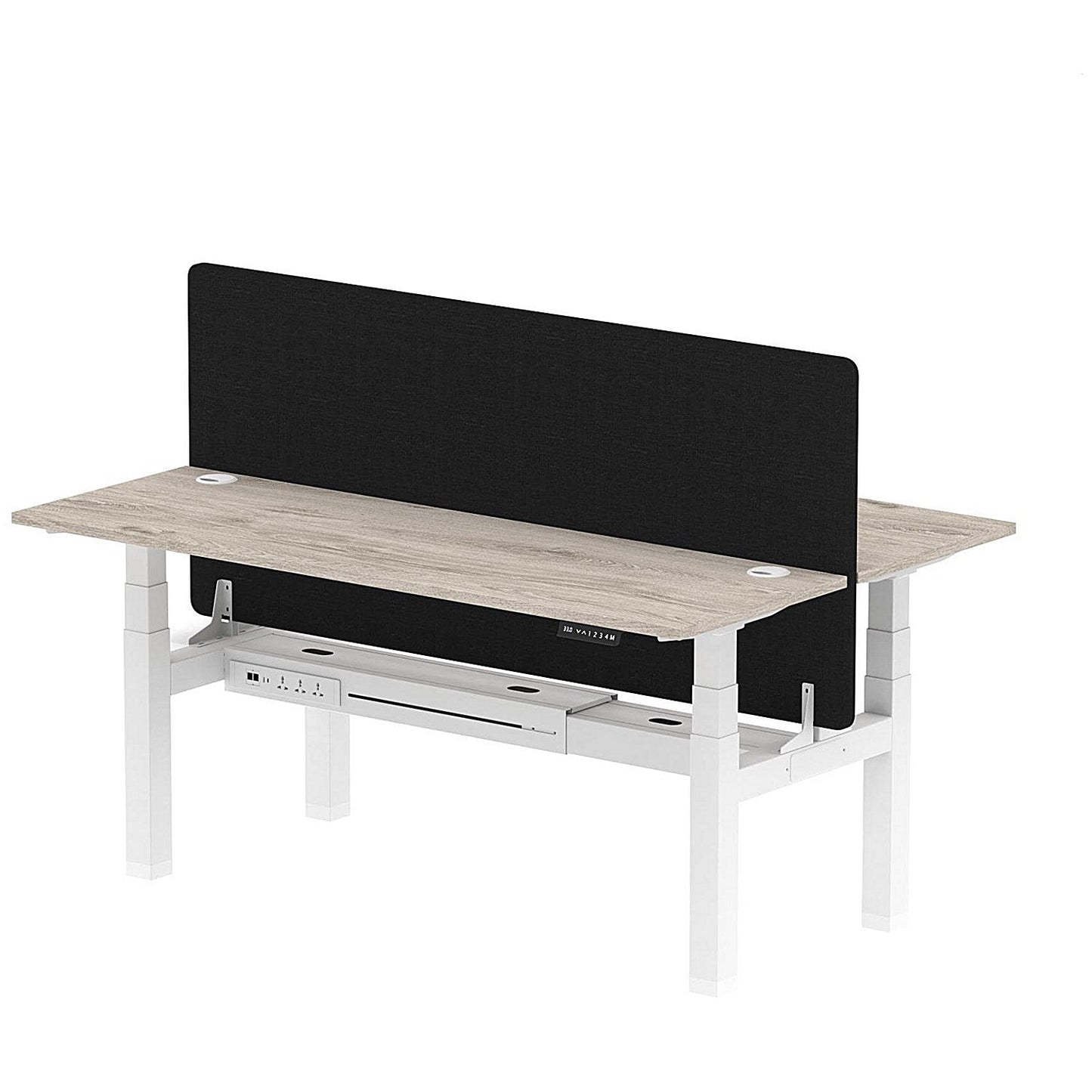 Air 2 Person Sit-Standing Bench Desk with Black Straight Screen, Back to Back, 2 x 1800mm (600mm Deep), White Frame, Grey Oak Easy2Order : HA02513