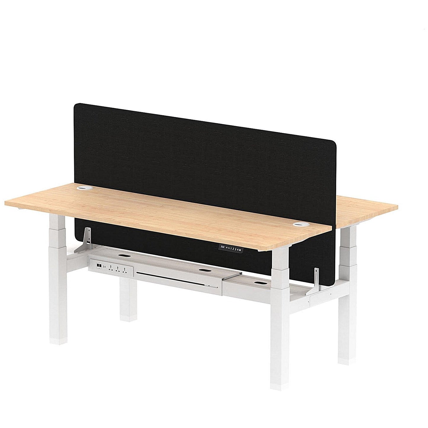 Air 2 Person Sit-Standing Bench Desk with Black Straight Screen, Back to Back, 2 x 1800mm (600mm Deep), White Frame, Maple Easy2Order : HA02519
