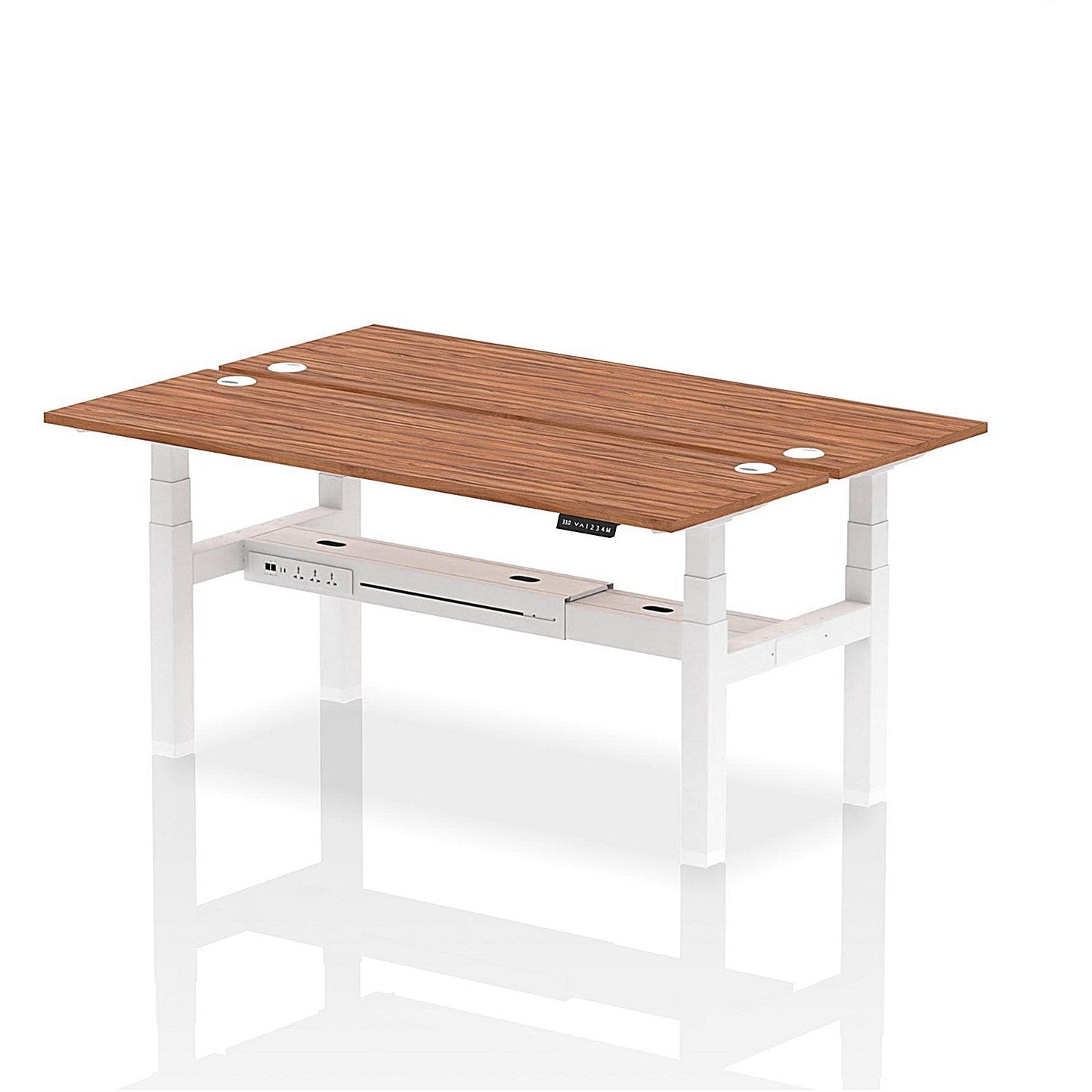 Air 2 Person Sit-Standing Bench Desk, Back to Back, 2 x 1800mm (600mm Deep), White Frame, Walnut Easy2Order : HA02530