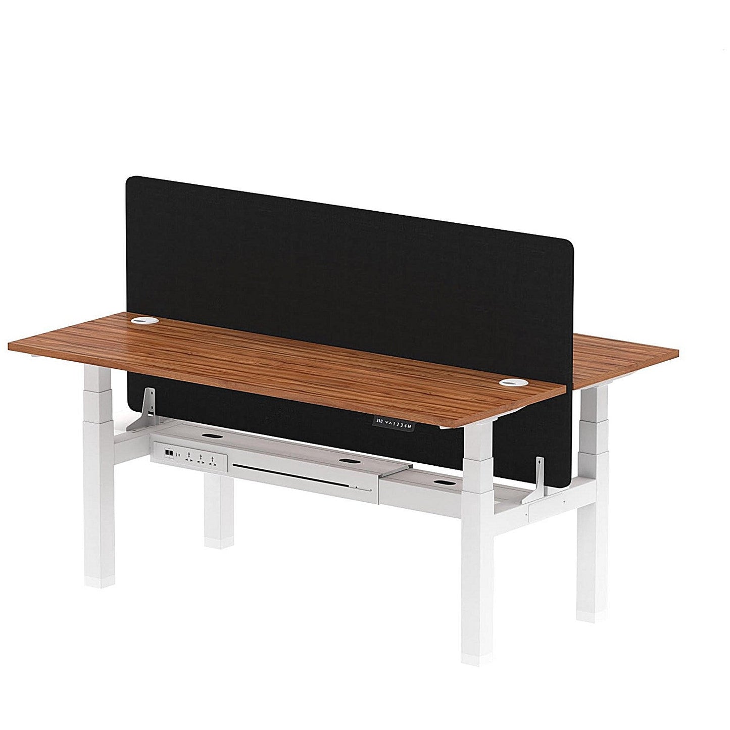 Air 2 Person Sit-Standing Bench Desk with Black Straight Screen, Back to Back, 2 x 1800mm (600mm Deep), White Frame, Walnut Easy2Order : HA02531