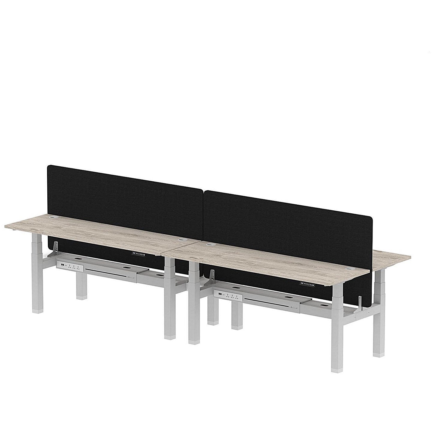 Air 4 Person Sit-Standing Bench Desk with Black Straight Screen, Back to Back, 4 x 1800mm (600mm Deep), Silver Frame, Grey Oak Easy2Order : HA02547
