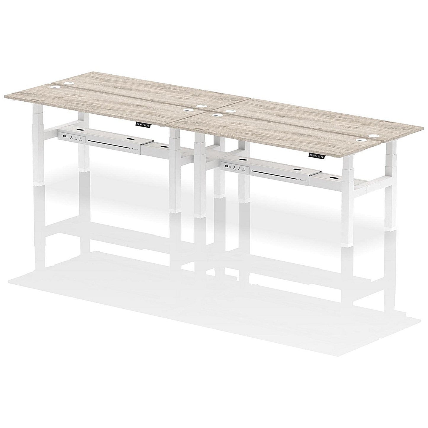 Air 4 Person Sit-Standing Bench Desk, Back to Back, 4 x 1800mm (600mm Deep), White Frame, Grey Oak Easy2Order : HA02548