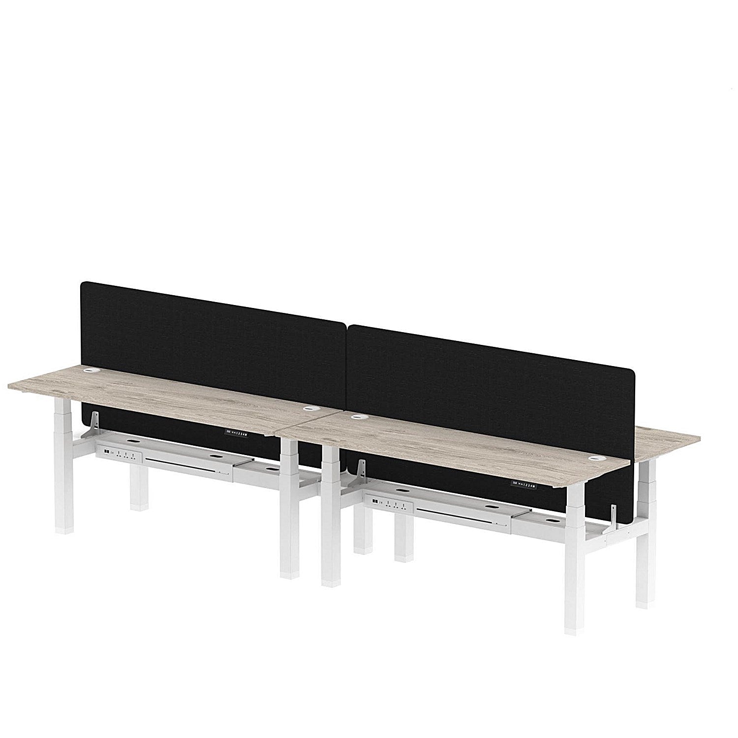 Air 4 Person Sit-Standing Bench Desk with Black Straight Screen, Back to Back, 4 x 1800mm (600mm Deep), White Frame, Grey Oak Easy2Order : HA02549