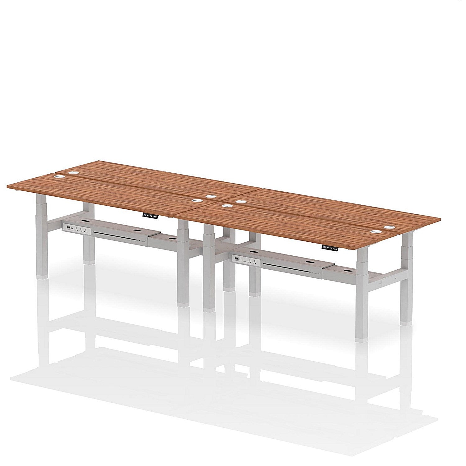 Air 4 Person Sit-Standing Bench Desk, Back to Back, 4 x 1800mm (600mm Deep), Silver Frame, Walnut Easy2Order : HA02564