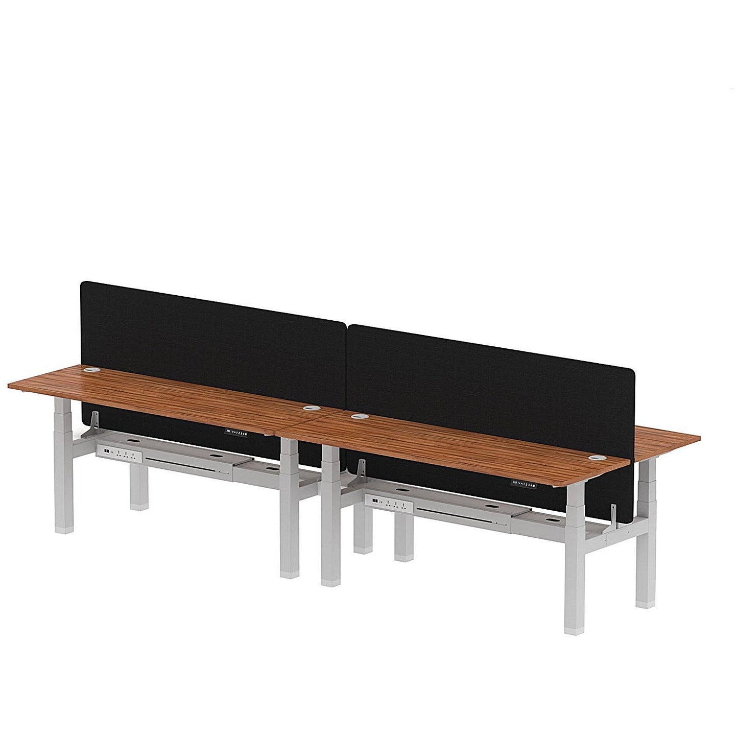 Air 4 Person Sit-Standing Bench Desk with Black Straight Screen, Back to Back, 4 x 1800mm (600mm Deep), Silver Frame, Walnut Easy2Order : HA02565