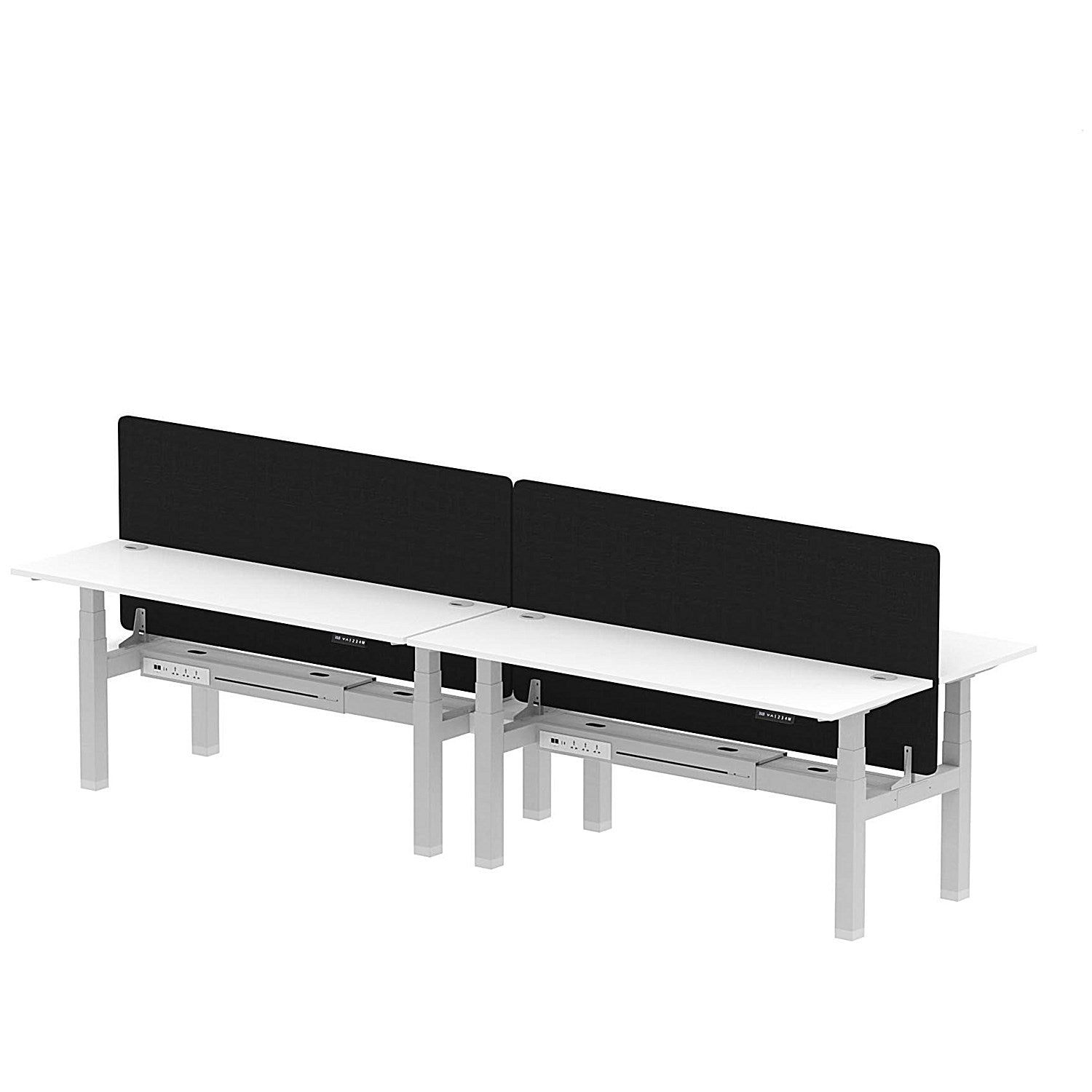 Air 4 Person Sit-Standing Bench Desk with Black Straight Screen, Back to Back, 4 x 1800mm (600mm Deep), Silver Frame, White Easy2Order : HA02571