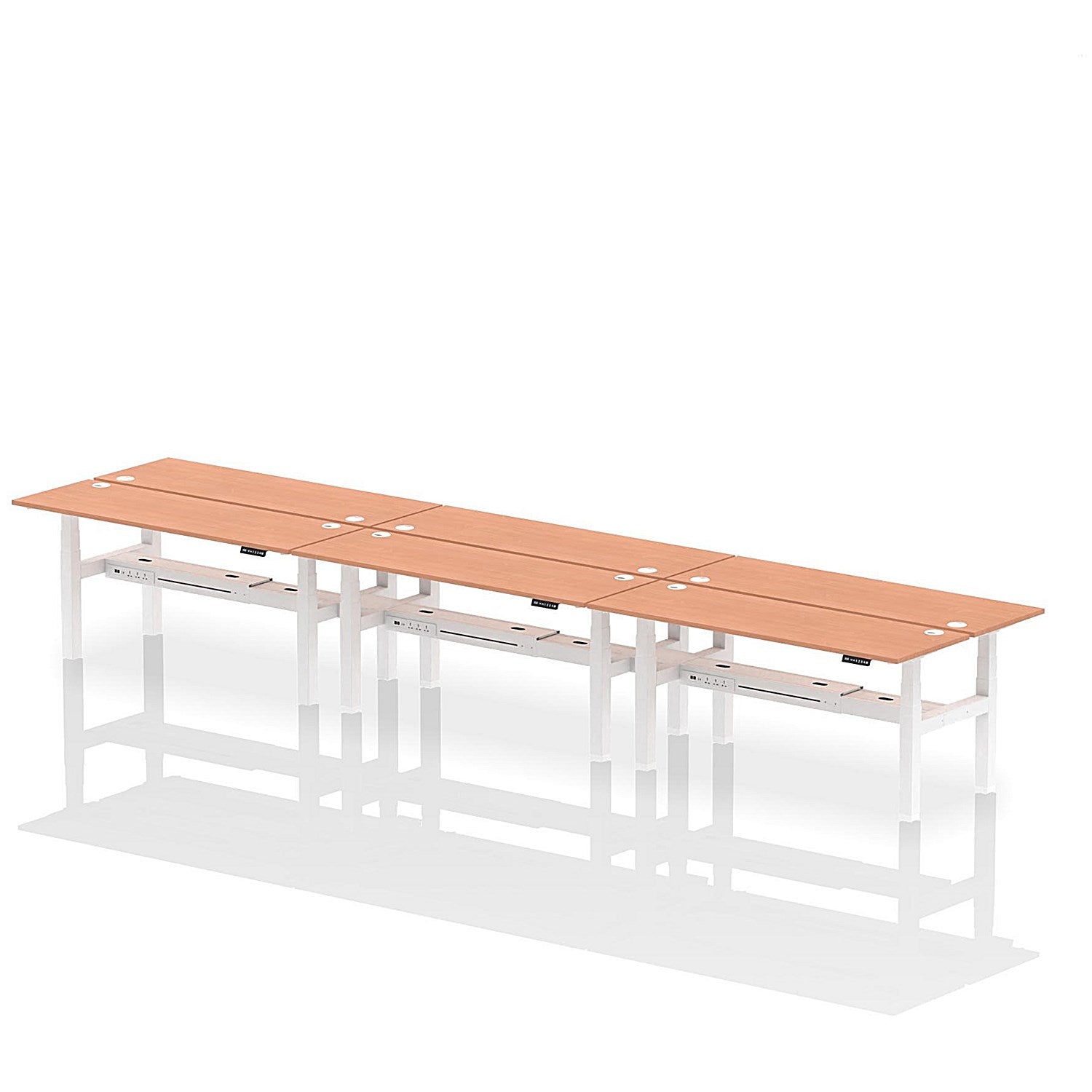 Air 6 Person Sit-Standing Bench Desk, Back to Back, 6 x 1800mm (600mm Deep), White Frame, Beech Easy2Order : HA02578