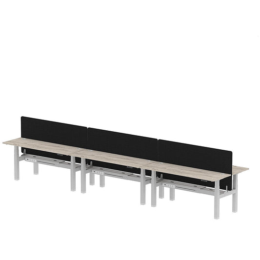 Air 6 Person Sit-Standing Bench Desk with Black Straight Screen, Back to Back, 6 x 1800mm (600mm Deep), Silver Frame, Grey Oak Easy2Order : HA02583