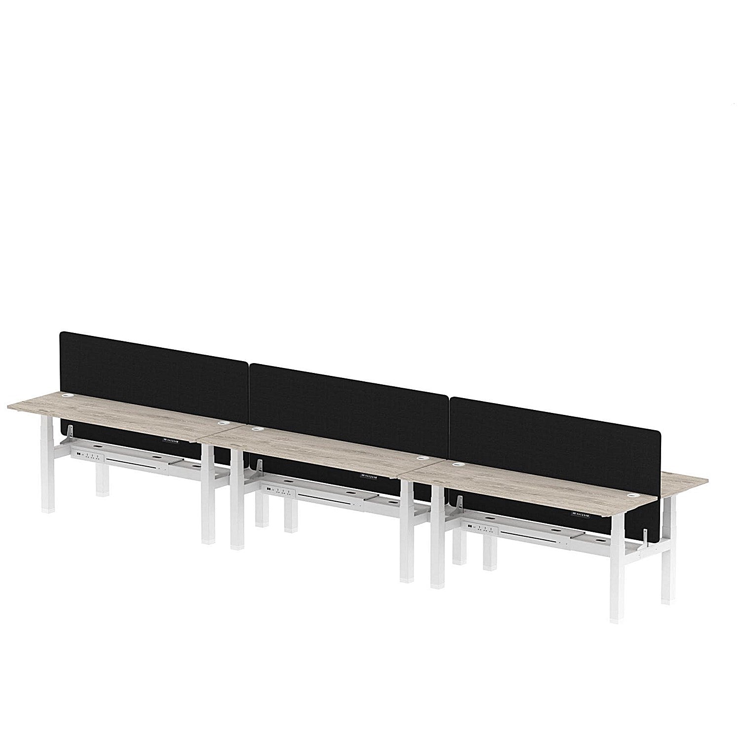 Air 6 Person Sit-Standing Bench Desk with Black Straight Screen, Back to Back, 6 x 1800mm (600mm Deep), White Frame, Grey Oak Easy2Order : HA02585